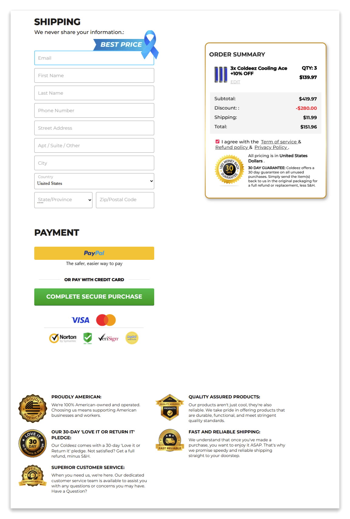 coldeez cooling ace checkout page.